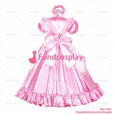 fondcosplay adult sexy cross dressing sissy maid long French Lockable baby Pink Satin Dress Uniform Costume CD/TV[G3990]