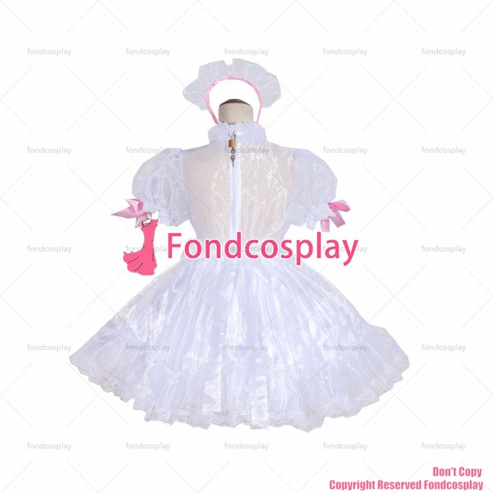 fondcosplay adult sexy cross dressing sissy maid short French Lockable white Organza Dress Uniform Costume CD/TV[G4047]