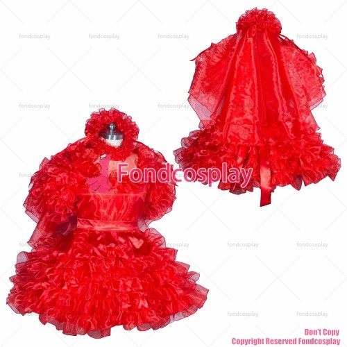 fondcosplay adult sexy cross dressing sissy maid short French red organza veil lockable dress Uniform costume CD/TV[G3939]
