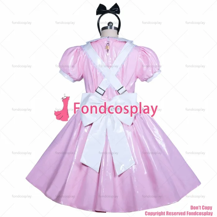 fondcosplay adult sexy cross dressing sissy maid French lockable pink heavy PVC Alice dress Peter Pan collar CD/TV[G3912]