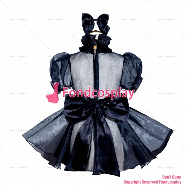 fondcosplay adult sexy cross dressing sissy maid short French Lockable black Organza Dress Uniform Costume CD/TV[G4054]