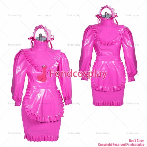 fondcosplay adult sexy cross dressing sissy maid short French hot pink thin PVC dress lockable unisex CD/TV[G3877]