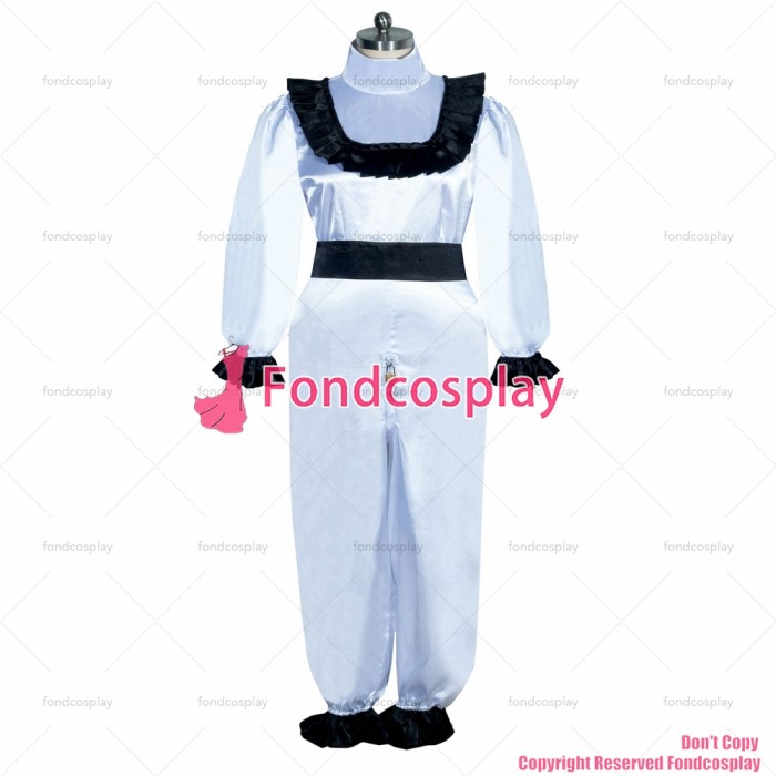 fondcosplay adult sexy cross dressing sissy maid long French white Satin lockable Romper Jumpsuits Uniform CD/TV[G3938]