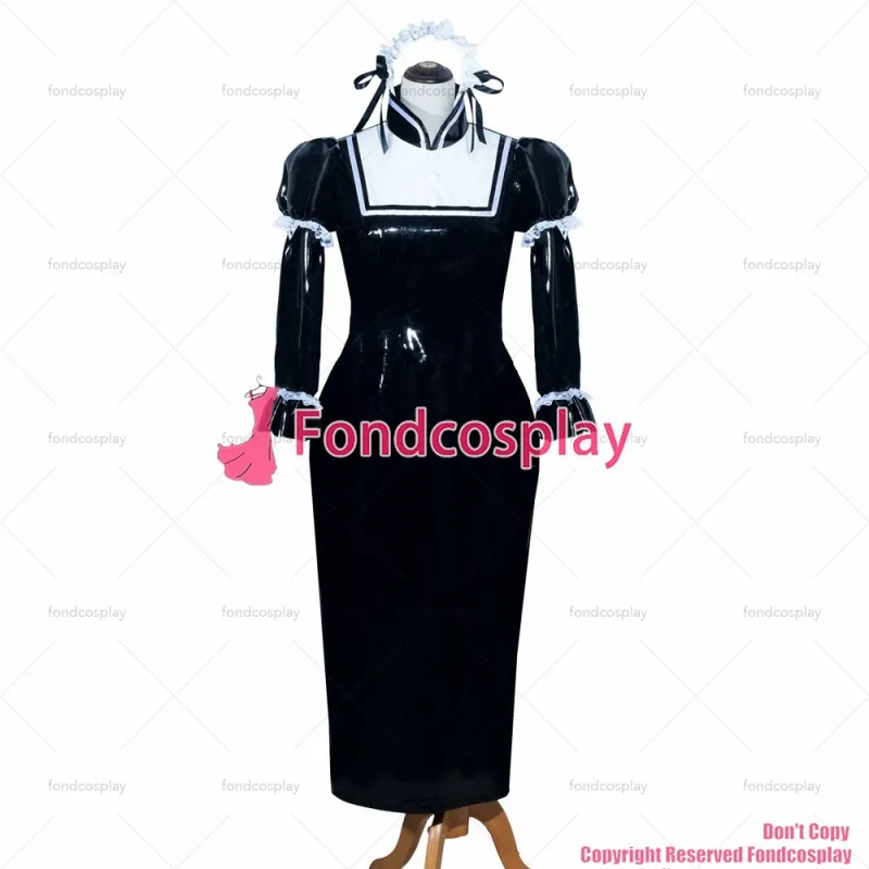 fondcosplay adult sexy cross dressing sissy maid long French Lockable Black heavy PVC Dress Uniform Costume CD/TV[G3986]