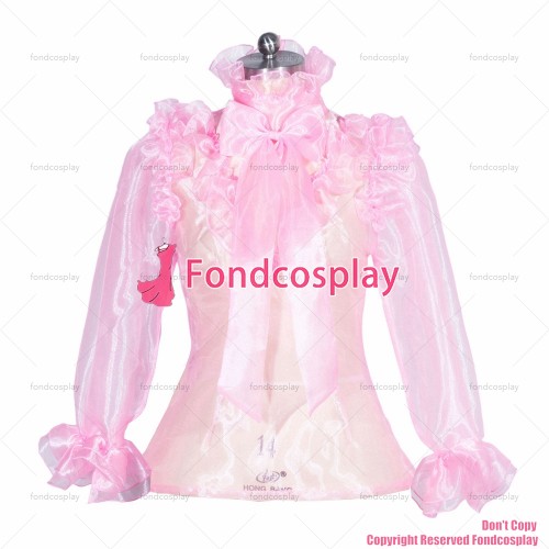 fondcosplay adult sexy cross dressing sissy maid short French glass silk lockable organza pink shirt Uniform CD/TV[G3951]