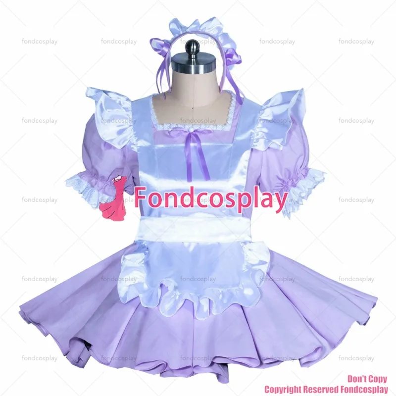 fondcosplay adult sexy cross dressing sissy maid short French lilac cotton lockable dress white satin apron CD/TV[G3881]