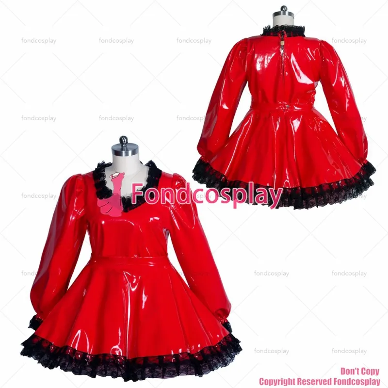 fondcosplay adult sexy cross dressing sissy maid short red heavy PVC Gothic lolita lockable punk dress CD/TV[G3926]