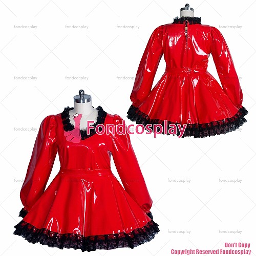 fondcosplay adult sexy cross dressing sissy maid short red heavy PVC Gothic lolita lockable punk dress CD/TV[G3926]