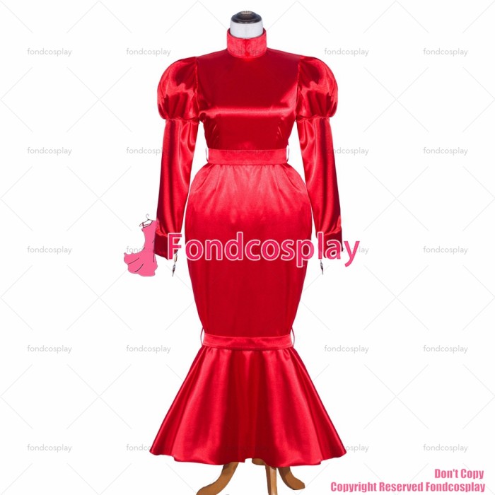 fondcosplay adult sexy cross dressing sissy maid long French Satin red Dress Lockable Uniform Cosplay Costume CD/TV[G4061]