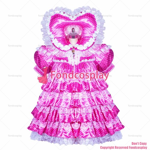 fondcosplay adult sexy cross dressing sissy maid bonnet French lockable baby polka dots hot pink Satin Dress CD/TV[G3872]