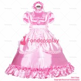 fondcosplay adult sexy cross dressing sissy maid long French Lockable baby Pink Satin Dress Uniform Costume CD/TV[G3990]