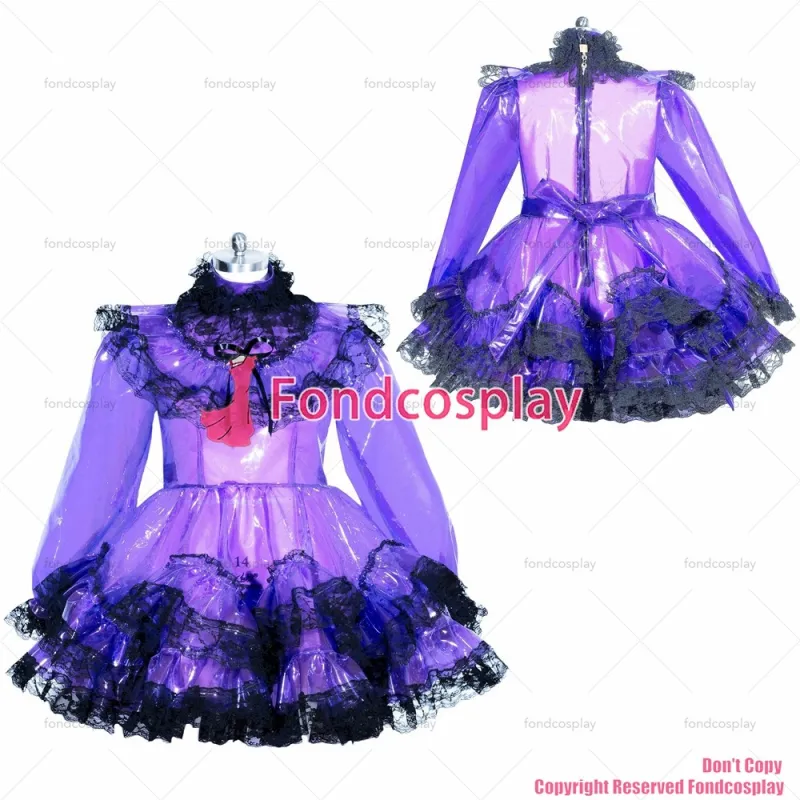 fondcosplay adult sexy cross dressing sissy maid short lockable purple clear PVC dress unisex Uniform costume CD/TV[G3955]
