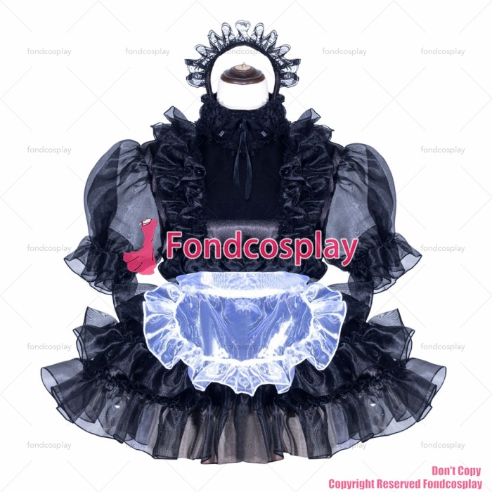 fondcosplay adult sexy cross dressing sissy maid short French Lockable Black Satin organza Dress white apron CD/TV[G3969]