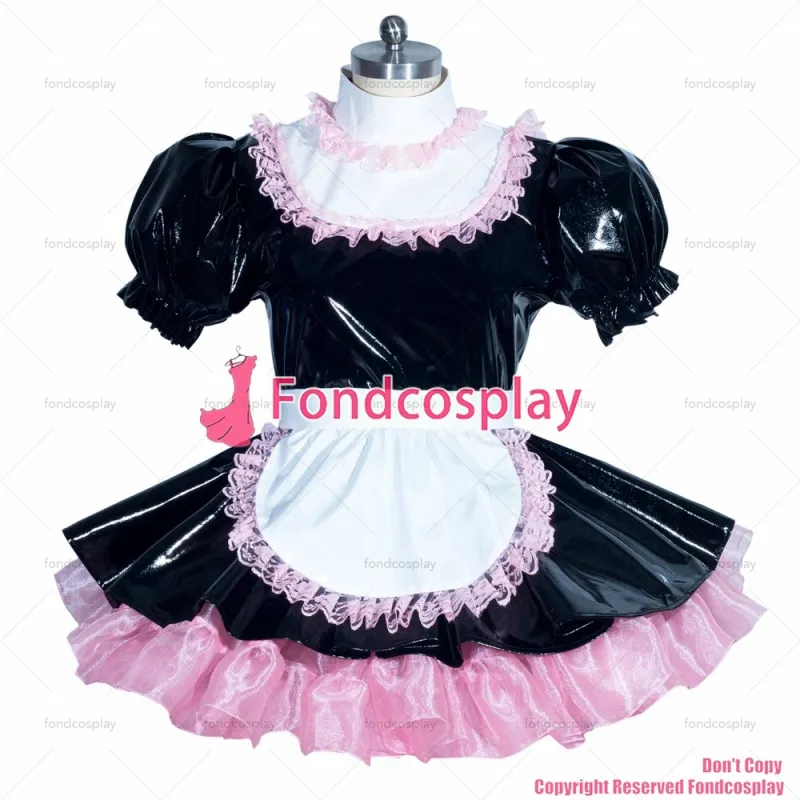 fondcosplay adult sexy cross dressing sissy maid short French black thin PVC lockable dress Uniform costume CD/TV[G3940]