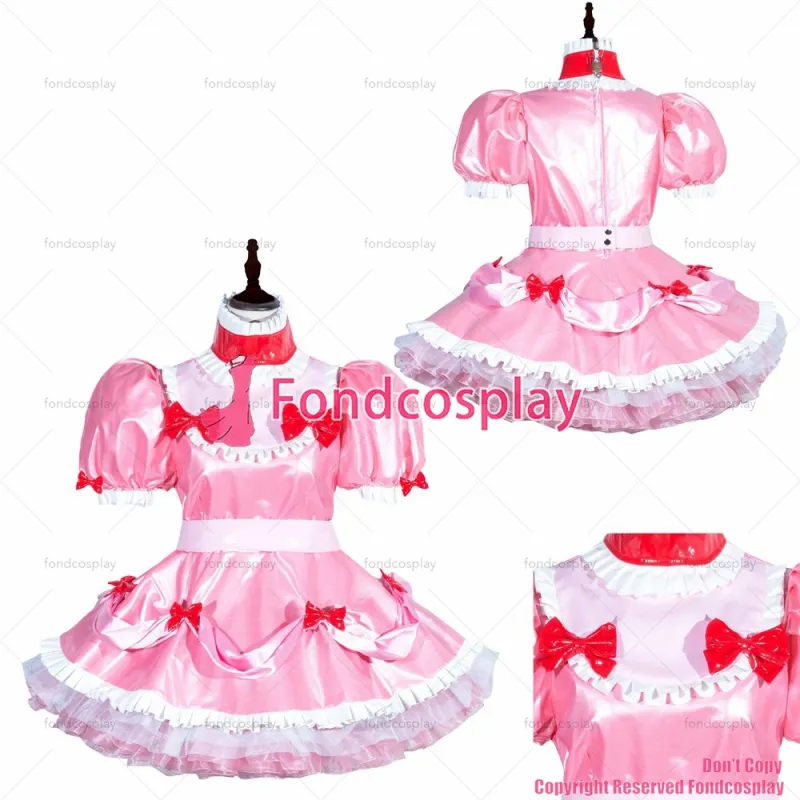 fondcosplay adult sexy cross dressing sissy maid short French Lockable Baby Pink shiny leather dress CD/TV[G3996]