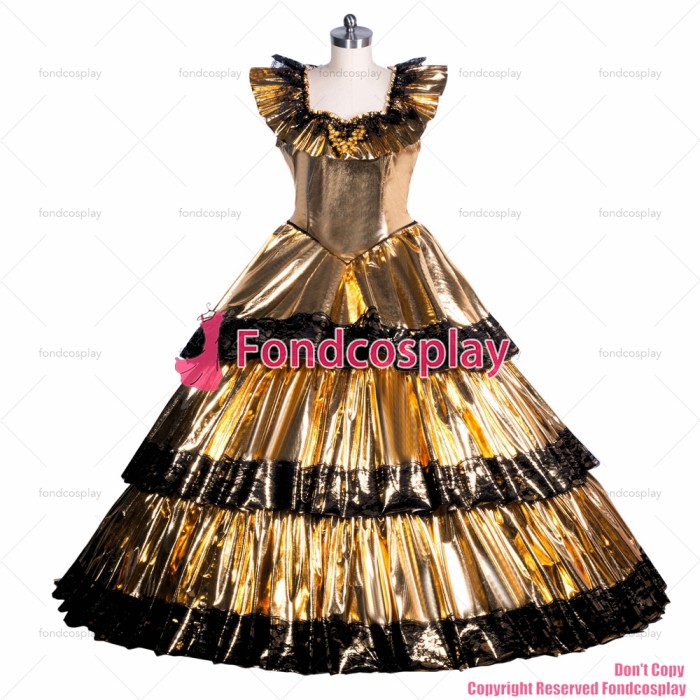 fondcosplay adult sexy cross dressing sissy maid long French golden thin PVC lockable dress Uniform costume CD/TV[G3946]