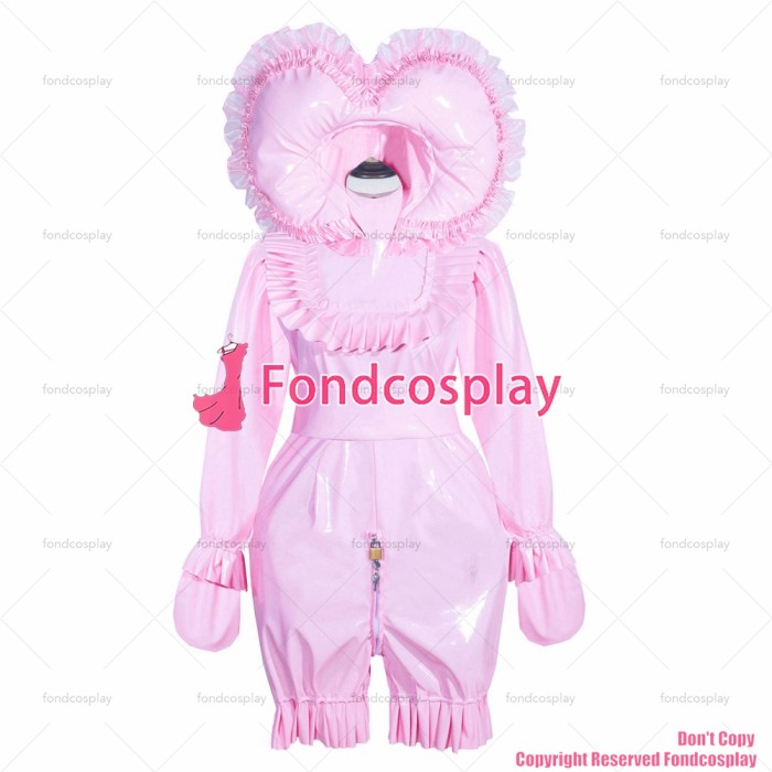 fondcosplay adult sexy cross dressing sissy maid short French Lockable pink thin PVC Romper bonnet Jumpsuit CD/TV[G4012]