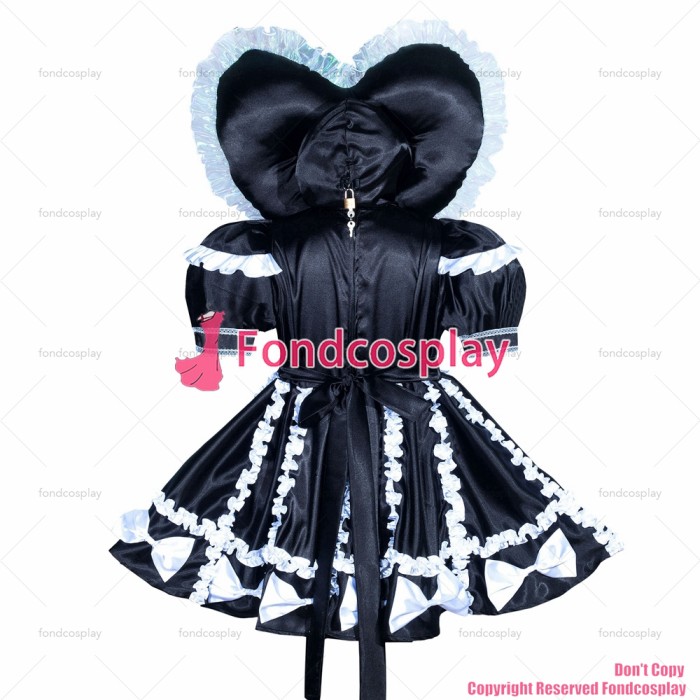 fondcosplay adult cross dressing sissy maid bonnet Jumpsuit French black Satin lockable dress Romper panties CD/TV[G3937]