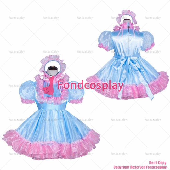 fondcosplay adult sexy cross dressing sissy maid short Lockable baby blue satin pink trim Organza Dress Uniform CD/TV[G4055]
