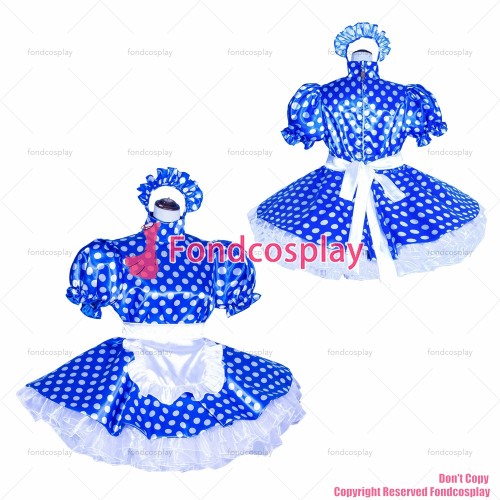 fondcosplay adult sexy cross dressing sissy maid short French Lockable Blue dots satin Dress Uniform Costume CD/TV[G4017]