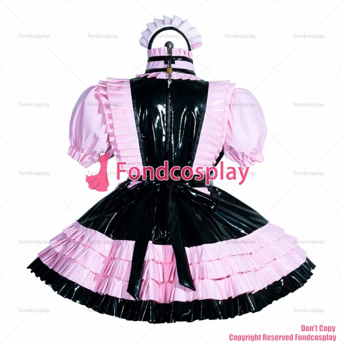 fondcosplay adult sexy cross dressing sissy maid short pink black French heavy PVC lockable dress Uniform CD/TV[G3943]