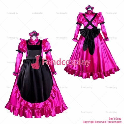 fondcosplay adult sexy cross dressing sissy maid long French Satin hot pink lockable dress Uniform costume CD/TV[G3948]