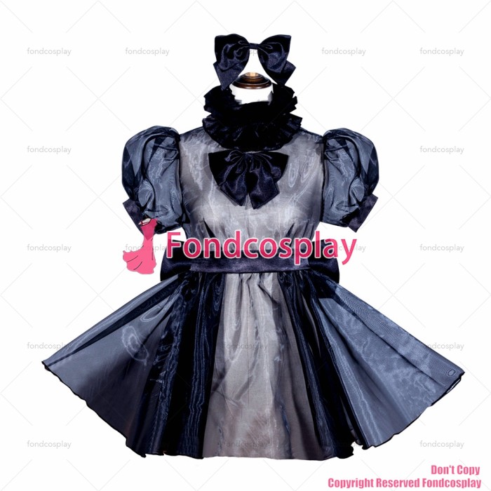 fondcosplay adult sexy cross dressing sissy maid short French Lockable black Organza Dress Uniform Costume CD/TV[G4054]