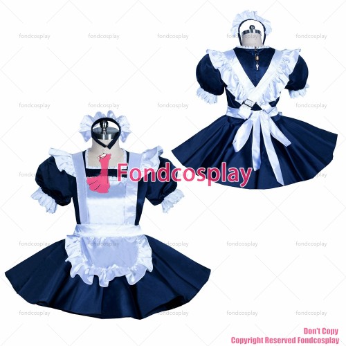 fondcosplay adult sexy cross dressing sissy maid short French lockable dark blue dress unisex white apron CD/TV[G3879]