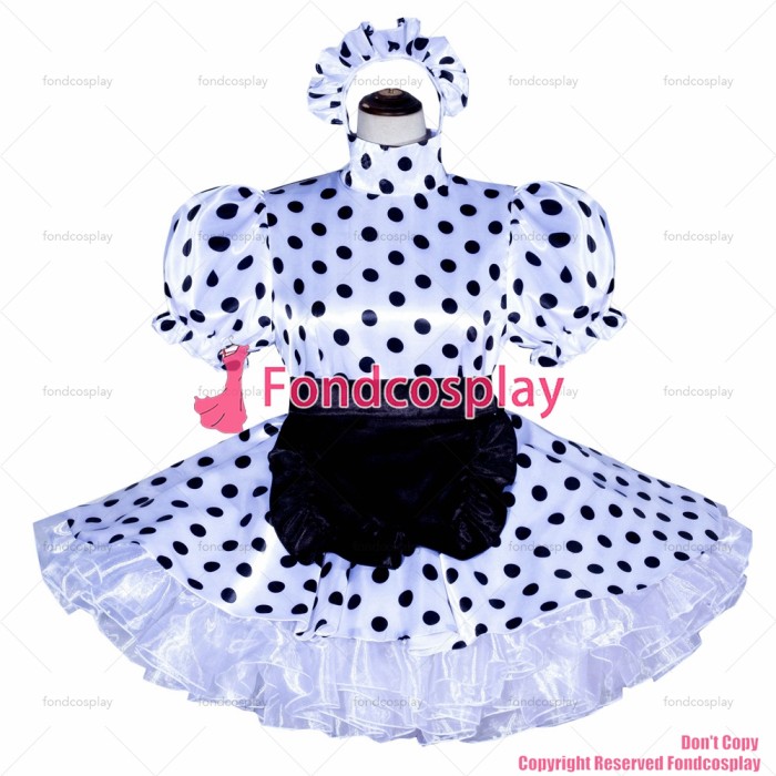 fondcosplay adult sexy cross dressing sissy maid short French Lockable white dots satin Dress Uniform Costume CD/TV[G4019]