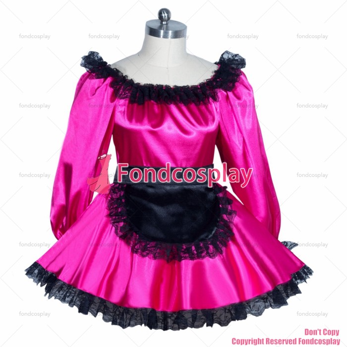 fondcosplay adult sexy cross dressing sissy maid short hot pink satin dress black lace french Uniform cosplay CD/TV[G3962]