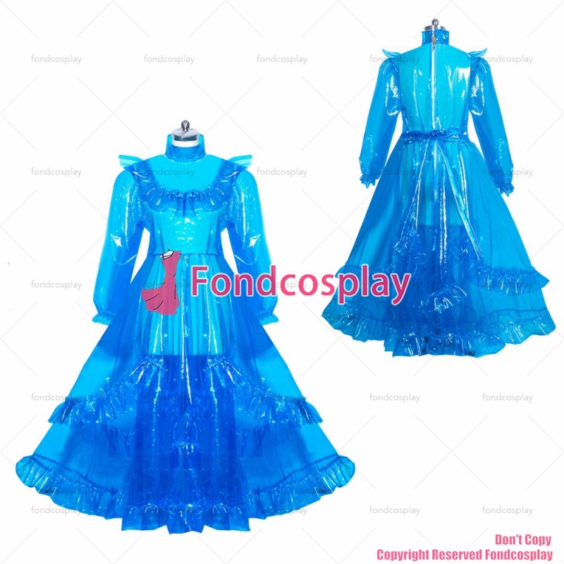 fondcosplay adult sexy cross dressing sissy maid long French lockable blue clear PVC dress unisex CD/TV[G3917]