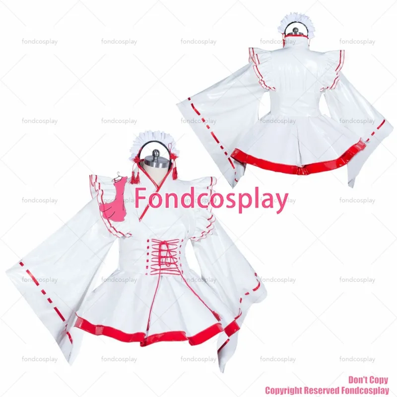 fondcosplay adult sexy cross dressing sissy maid short white heavy PVC kimono outfit Costume cosplay CD/TV[G3915]