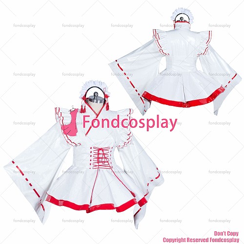 fondcosplay adult sexy cross dressing sissy maid short white heavy PVC kimono outfit Costume cosplay CD/TV[G3915]