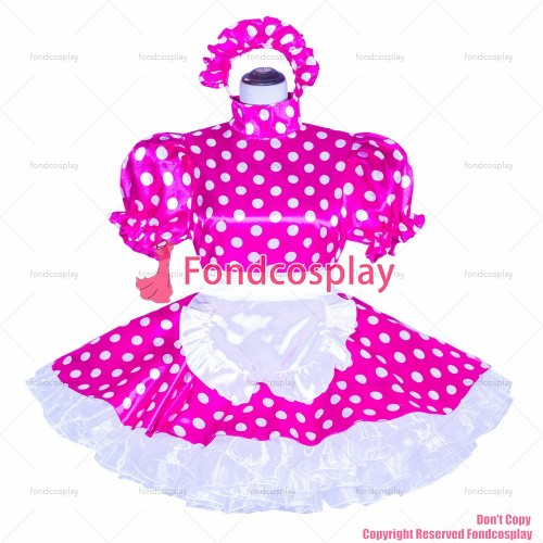 fondcosplay adult sexy cross dressing sissy maid short French Lockable hot pink dots satin Dress Costume CD/TV[G4045]
