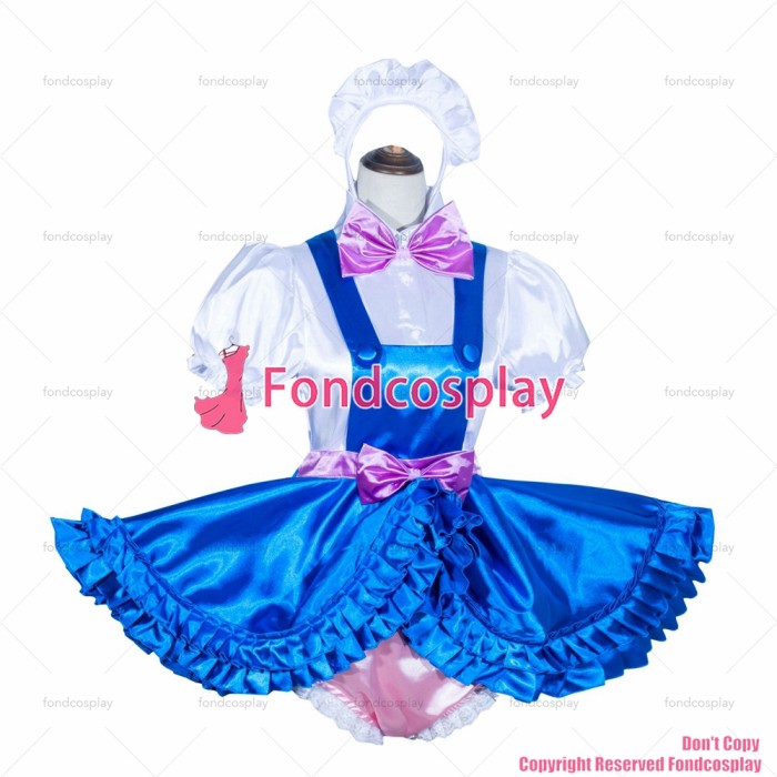 fondcosplay adult sexy cross dressing sissy maid French Lockable blue satin skirt white shirt pink panties CD/TV[G4032]