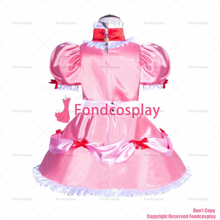 fondcosplay adult sexy cross dressing sissy maid short French Lockable Pink Satin Dress Uniform Costume CD/TV[G3998]