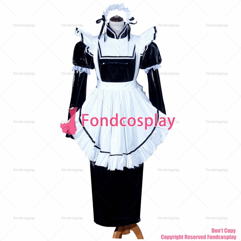 fondcosplay adult sexy cross dressing sissy maid long French Lockable Black thin PVC Dress Uniform Costume CD/TV[G3985]