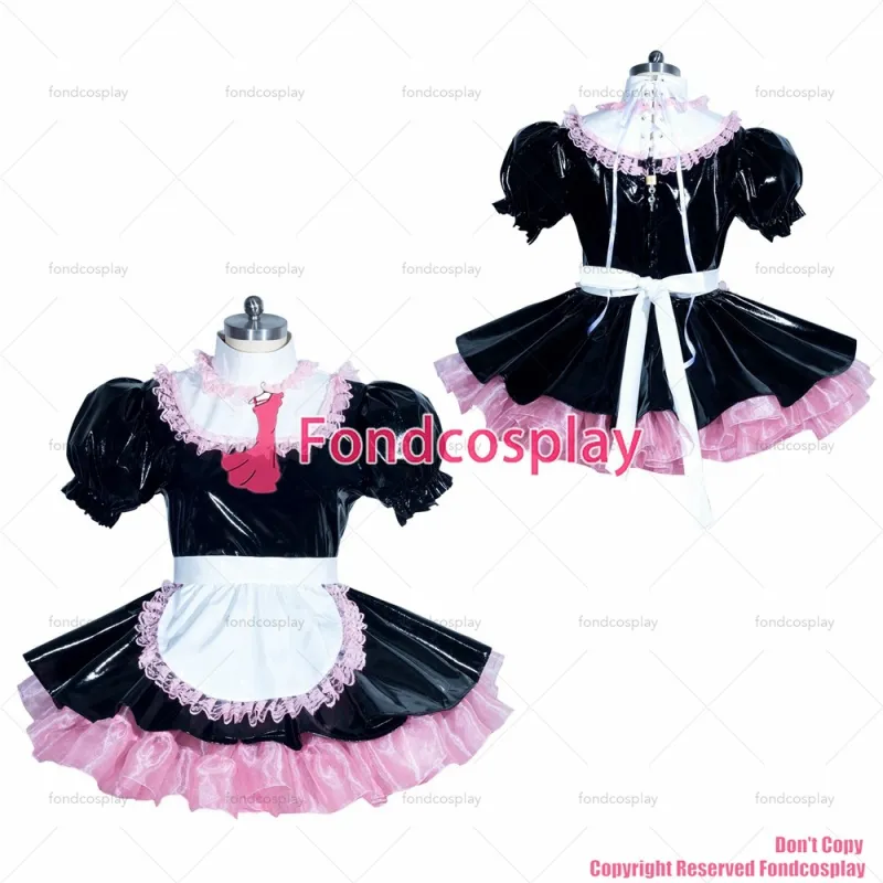 fondcosplay adult sexy cross dressing sissy maid short French black thin PVC lockable dress Uniform costume CD/TV[G3940]
