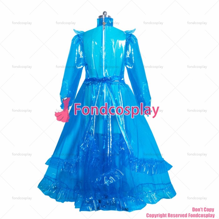 fondcosplay adult sexy cross dressing sissy maid long French lockable blue clear PVC dress unisex CD/TV[G3917]
