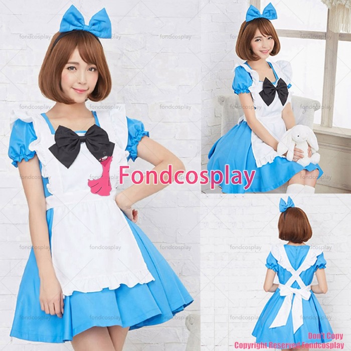 fondcosplay adult sexy cross dressing sissy maid short French lockable blue uniform cloth dress Unisex CD/TV[G3923]