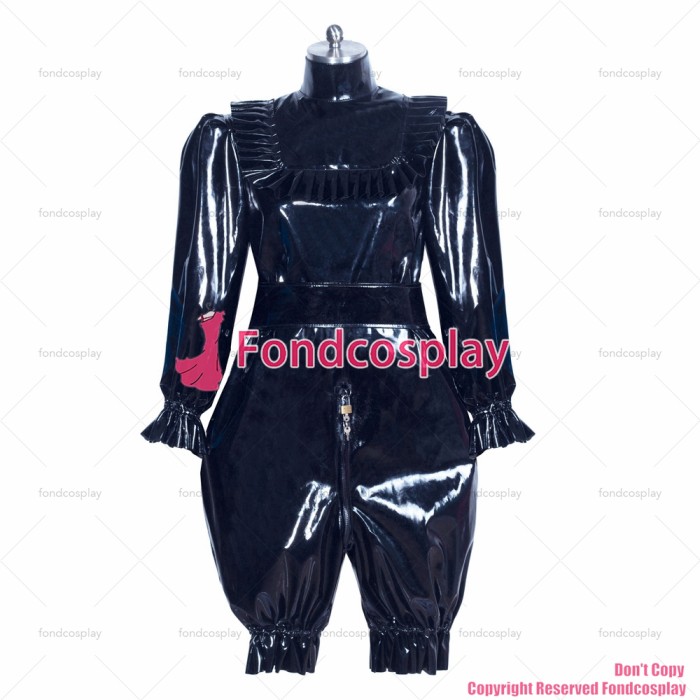 fondcosplay adult sexy cross dressing sissy maid French lockable black thin PVC jumpsuits Romper costume CD/TV[G3914]