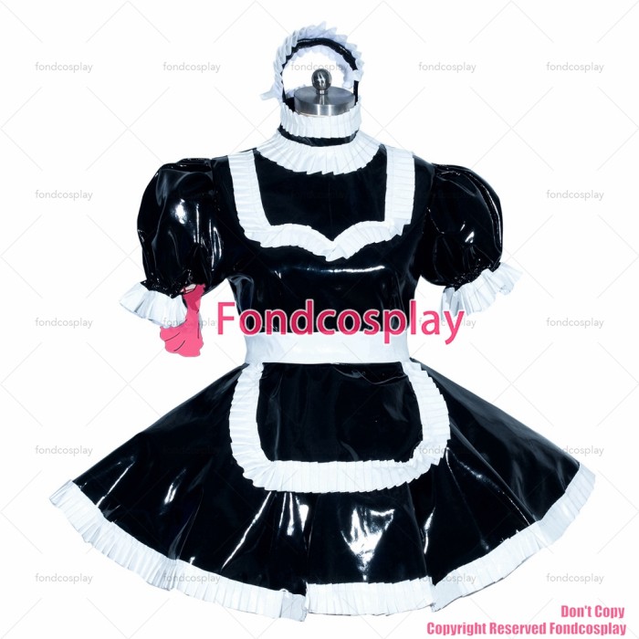 fondcosplay adult sexy cross dressing sissy maid short French heavy black PVC lockable dress Uniform costume CD/TV[G3936]