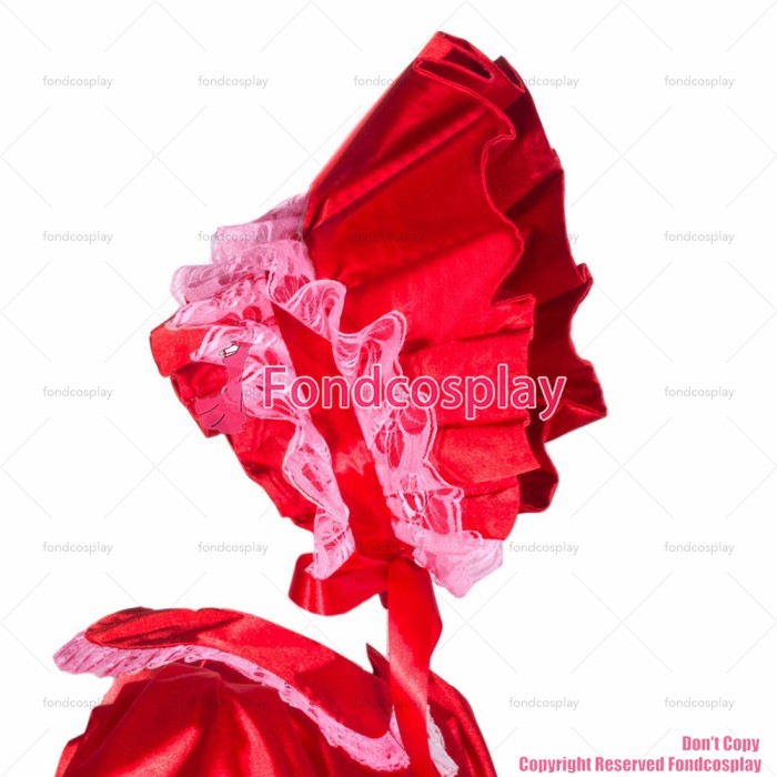 fondcosplay adult sexy cross dressing sissy maid French Lockable Red satin Dress headpiece Peter Pan collar CD/TV[G4042]