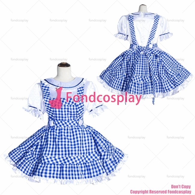 fondcosplay adult sexy cross dressing sissy maid short French Lockable white shirt Blue plaid cotton skirt CD/TV[G4014]
