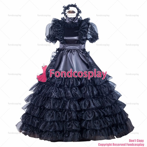 fondcosplay adult sexy cross dressing sissy maid long French Black Organza Satin dress lockable lolita TV CD/TV[G4025]