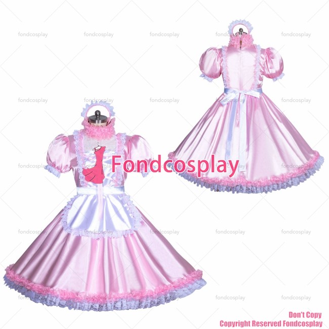 fondcosplay adult sexy cross dressing sissy maid short French pink Satin lockable dress Uniform costume CD/TV[G3945]