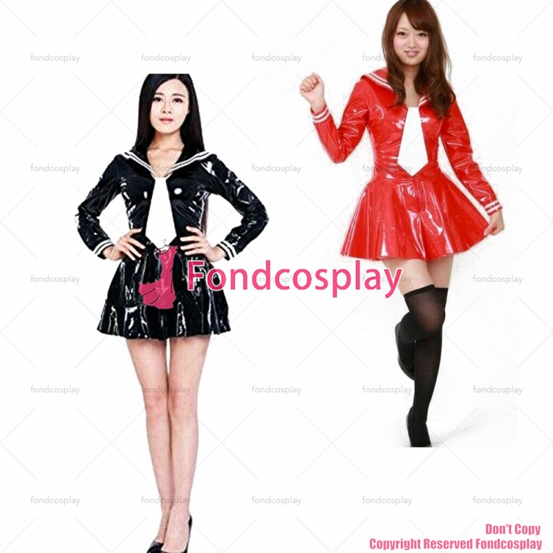 fondcosplay adult sexy cross dressing sissy maid French Lockable Black Red heavy PVC Dress School uniforms CD/TV[G3984]