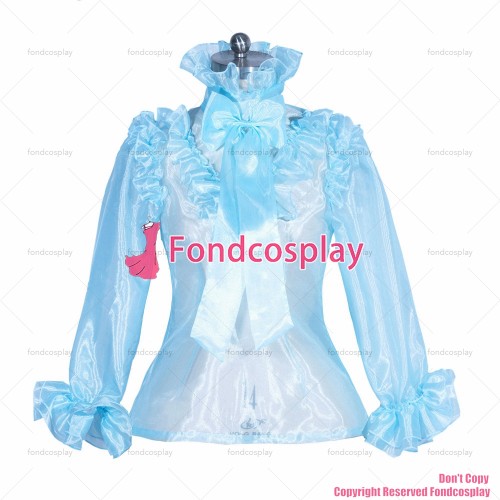 fondcosplay adult sexy cross dressing sissy maid short French glass silk lockable organza baby blue shirt CD/TV[G3950]