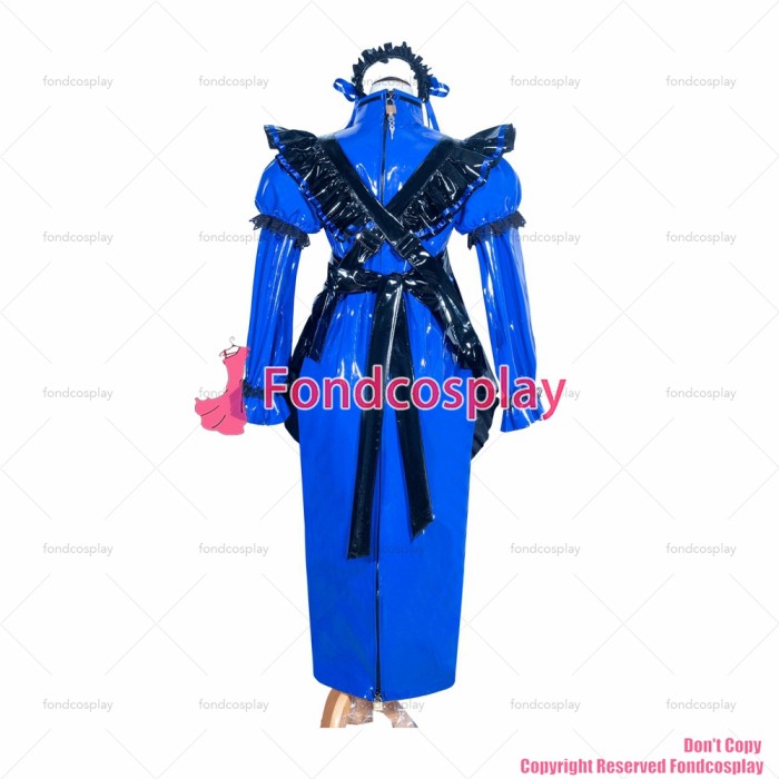 fondcosplay adult cross dressing sissy maid long French Lockable Blue thin PVC Dress Uniform black apron CD/TV[G3987]
