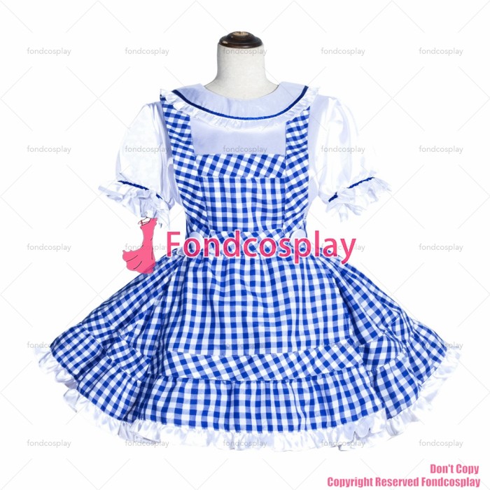 fondcosplay adult sexy cross dressing sissy maid short French Lockable white shirt Blue plaid cotton skirt CD/TV[G4014]